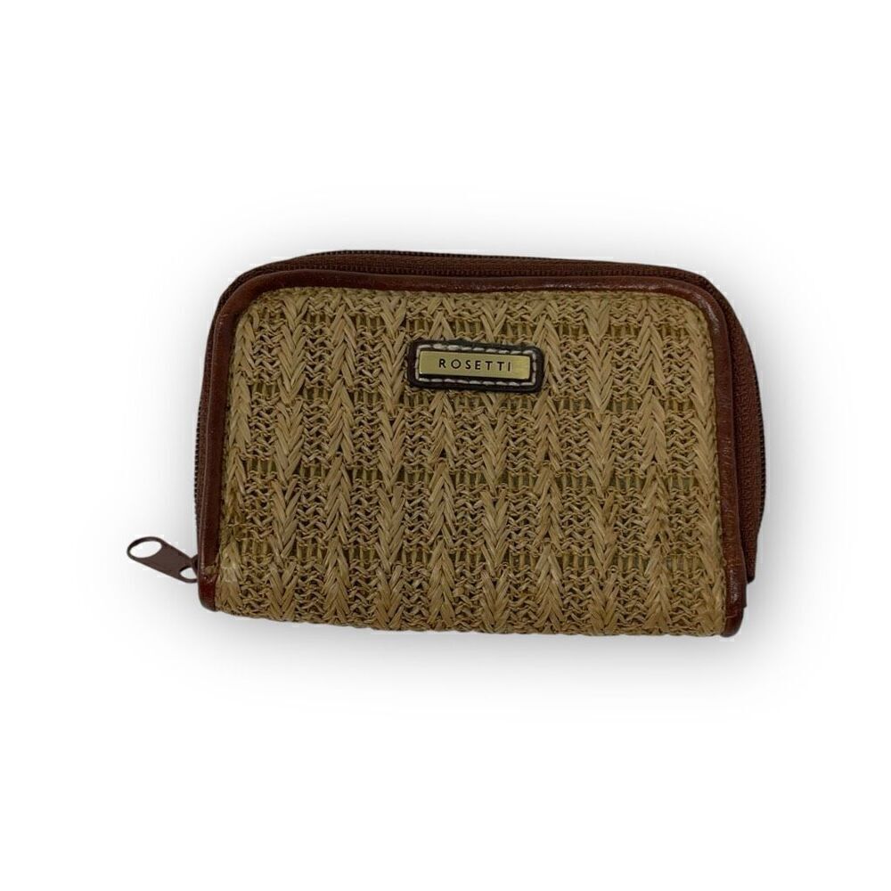 Rosetti MIni Straw Wallet Natural Brown Faux Leather Trim Credit Cards Zippered